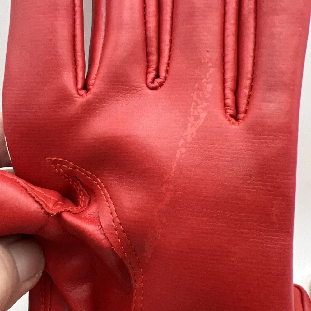 Vintage Red Dress Gloves Rabbit Fur Trim Cuff Sz M/L Fits XS Kids Petite Retro